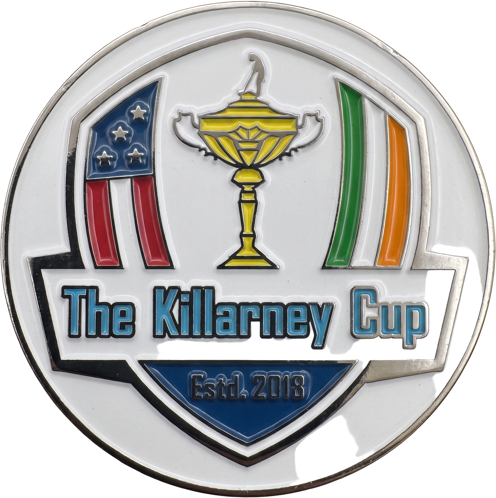 The Killarney Cup medallion — trophy between the flags of the USA and Ireland