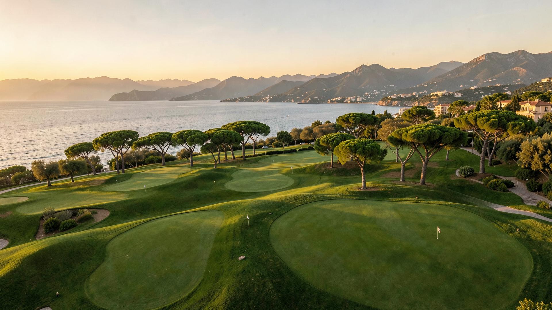 Golden-hour view over a Costa del Sol golf course by the Mediterranean