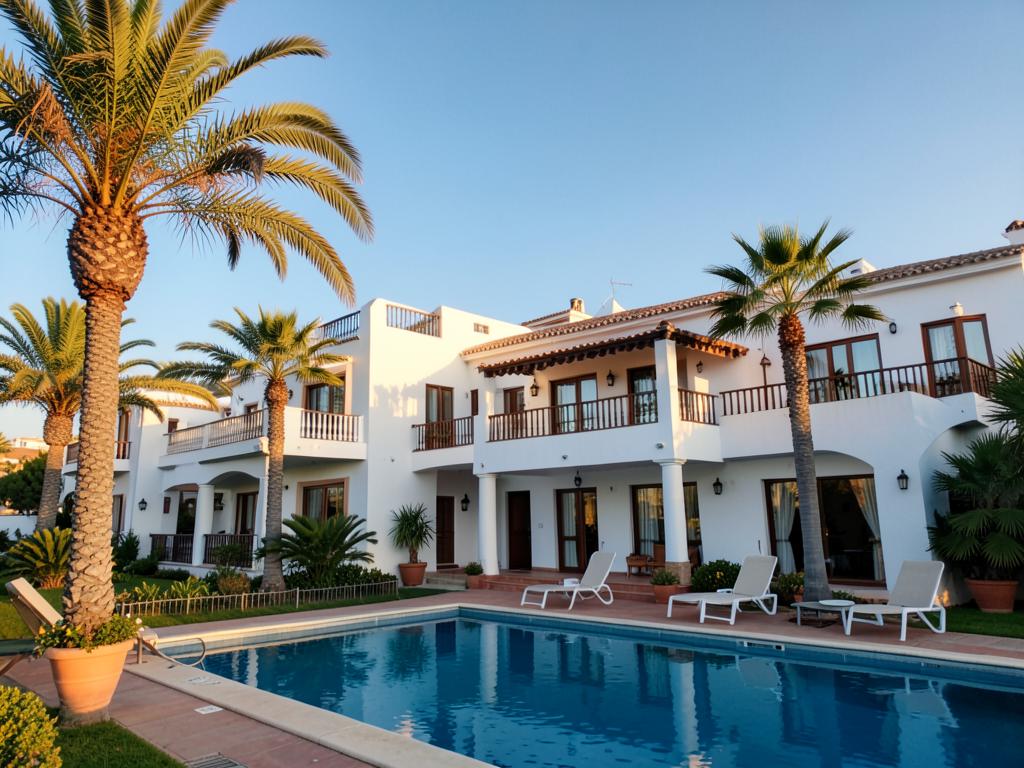 Whitewashed Mediterranean resort hotel with palms and pool
